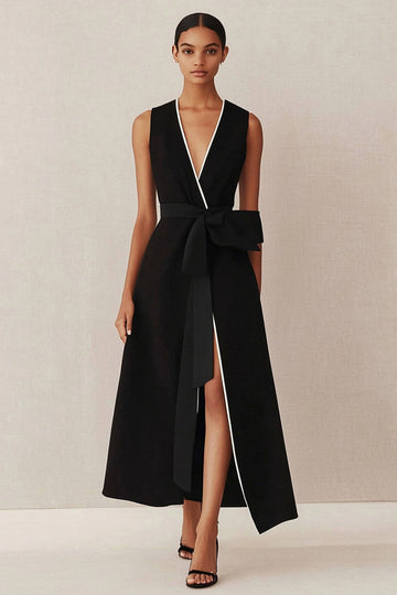 A Line Black V-Neck Satin Long Work Dress with Sash